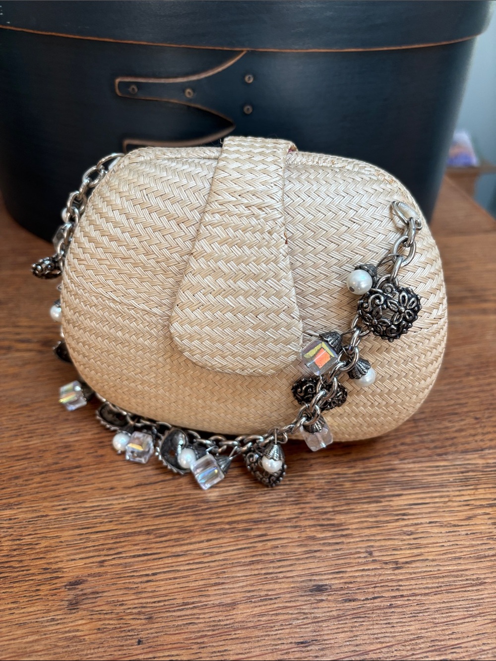 Donna Dixon Natural Straw Mini Handbag With Silver Charm Handle 6"×5"×3.25"